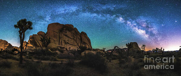 Joshua Tree Poster featuring the photograph Hidden Valley Milky Way Panorama by Robert Loe