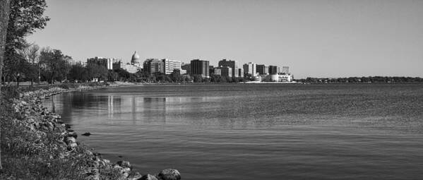 Capitol Poster featuring the photograph Madison Skyline from John Nolan Drive - Black and White by Steven Ralser