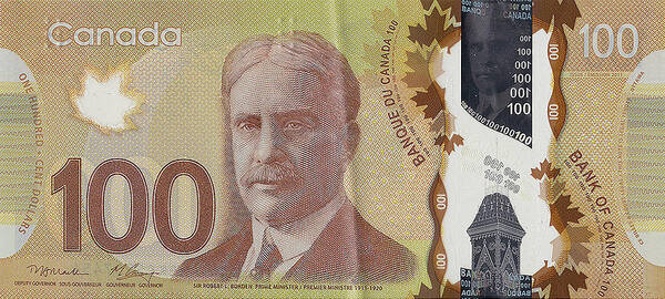 'paper Currency' By Serge Averbukh Poster featuring the digital art New One Hundred Canadian Dollar Bill by Serge Averbukh
