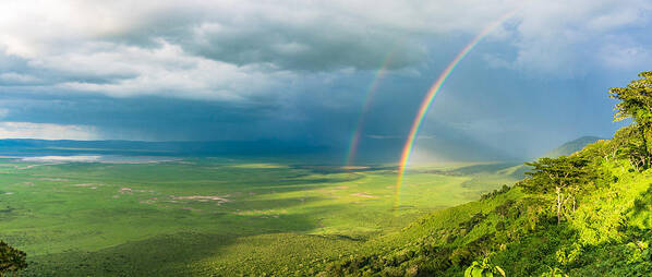 Double Poster featuring the photograph Ngorondgora Crater with double rainbow in Tanzania Africa by Ann Moore