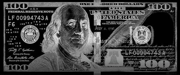 'visual Art Pop' Collection By Serge Averbukh Poster featuring the digital art One Hundred US Dollar Bill - $100 USD in Silver on Black by Serge Averbukh