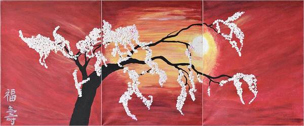 Oriental Art-cherry Blossom Art-cherry Blossoms Painting-modern Tree Art- Red Sunset -original Painting-asian Style -feng Shui Nature Abstract-cherry Blossoms Home Decor-red Wall Art-flower Tree Wall Art Poster featuring the painting Oriental Art Cherry Blossoms wall Art -Red Sunset -Modern Flower Tree 3 Panel Set by Geanna Georgescu