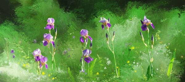 Bearded Poster featuring the digital art Row of irises by Debra Baldwin