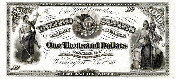 ‘paper Currency’ Collection By Serge Averbukh Poster featuring the digital art U.S. One Thousand Dollar Bill - 1863 $1000 USD Treasury Note by Serge Averbukh