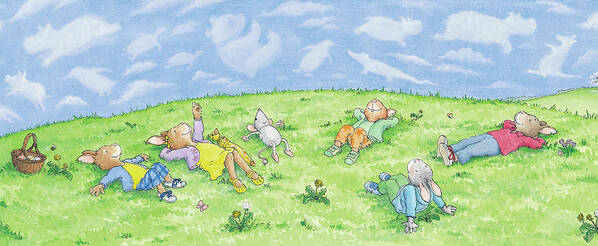 Breezy Bunnies Poster featuring the painting Watching the Clouds Roll By -- No Text by June Goulding