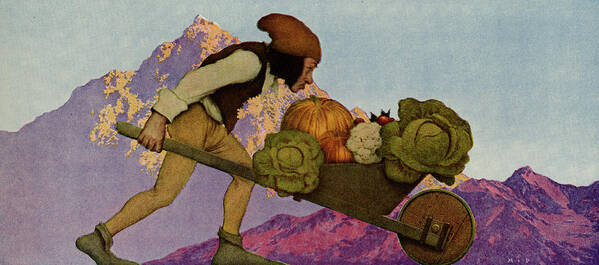 Hearts Poster featuring the painting Knave of Hearts - Sprite brings wheel barrow of vegetables by Maxfield Parrish