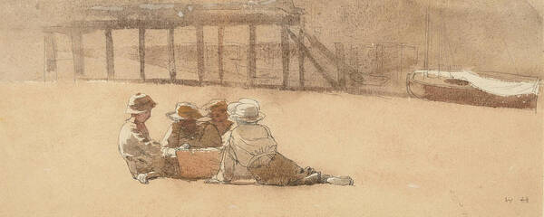 Winslow Homer Poster featuring the drawing Four Boys on a Beach #3 by Winslow Homer