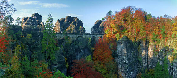 Saxon Switzerland Poster featuring the photograph Bastei bridge in the Elbe Sandstone Mountains by Sun Travels
