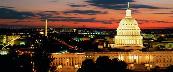 18th Century Style Building Exterior Building Structure Capitol Building City City Location Cloud Color Image Dome Dusk Federal Building High Angle View Horizontal House Of Representatives Illuminated International Landmark Legislative Building Monument Nobody North America Obelisk Outdoors Panoramic Photography Senate Sky Twilight Urban Scene Usa Washington Dc Washington Monument American Culture Architecture Authority Capital Cities Government Travel Destinations Poster featuring the photograph High angle view of a city lit up at dusk, Washington DC, USA by Panoramic Images