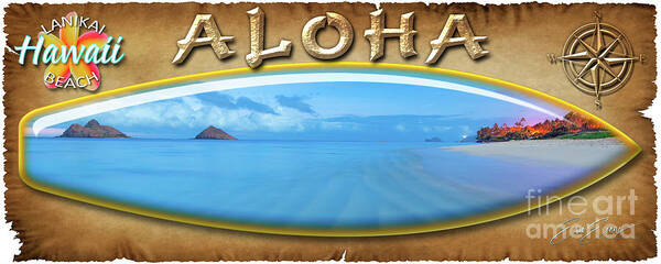 Lanikai Beach Poster featuring the photograph Lanikai Beach Ripples in the Sand Moonrise Oahu Hawaii Wide Surf Board by Aloha Art
