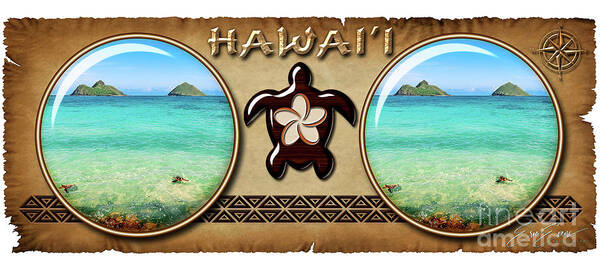 Hawaiian Coffee Mug Design Poster featuring the photograph Lanikai Beach Two Sea Turtles and Two Mokes Hawaiian Style Coffee Mug Design by Aloha Art