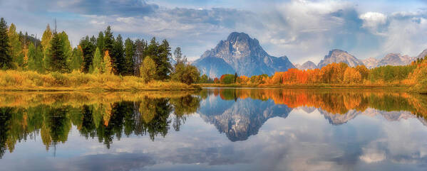 Mount Moran Poster featuring the photograph Oxbow Autumn Pano by Darren White