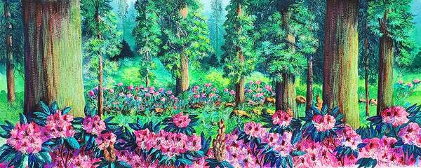 Redwoods Poster featuring the painting Redwoods and rhododendrons by Diane Phalen