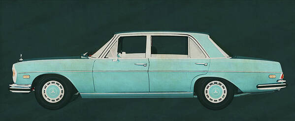 1970s Poster featuring the painting The Mercedes 300 SEL 6.3 from 1972 a power source under a mislea by Jan Keteleer