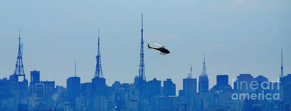 Blue Poster featuring the photograph Sao Paulo - Paulista Skyline and Helicopter by Carlos Alkmin