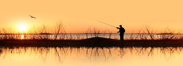 Silhouette Of A Man Fishing Poster by Panoramic Images - Fine Art