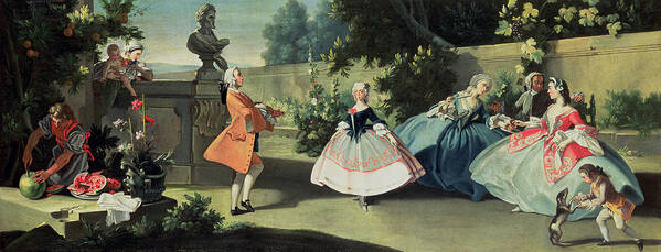 Fruit; Wig; Mother; Child; Boy; Watermelon; Neapolitan Poster featuring the painting An Ornamental Garden with a Young Girl Dancing to a Fiddle by Filippo Falciatore