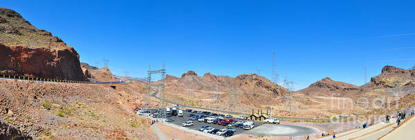 Lake Meade Poster featuring the photograph Visitors parking lot for Great Bridge at Hoover Dam by Dejan Jovanovic