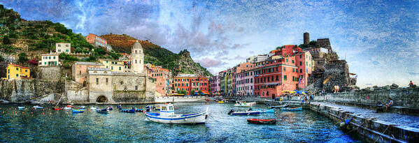 Cinque Terre Poster featuring the photograph Cinque Terre - Vernazza from the breakwater - Vintage version by Weston Westmoreland