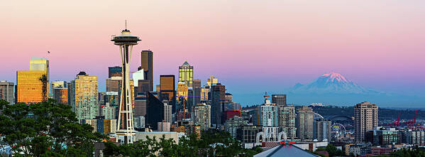 Outdoor; Sunset; Downtown; Seattle; Space Needle; Port Seattle; Summer; Mount Rainier; Pink; Tree; Alpenglow Poster featuring the digital art Downtown Seattle by Michael Lee