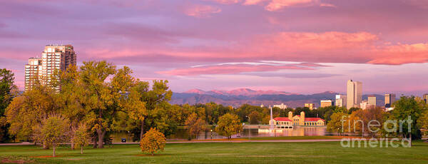 Denver City Park Poster featuring the photograph Panorama shot of Denver Skyline and City Park at sunrise by Ronda Kimbrow