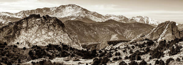 Mountain Poster featuring the photograph Pikes Peak Mountain Panorama - Colorado Springs in Sepia by Gregory Ballos