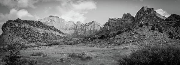 America Poster featuring the photograph Zion National Park - Towers of the Virgin Panorama - Black and White by Gregory Ballos