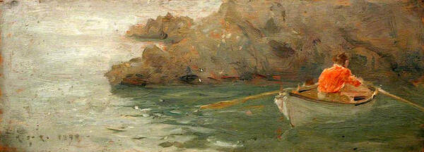 Henry Scott Tuke Poster featuring the painting Boy Rowing Out From a Rocky Shore by Henry Scott Tuke