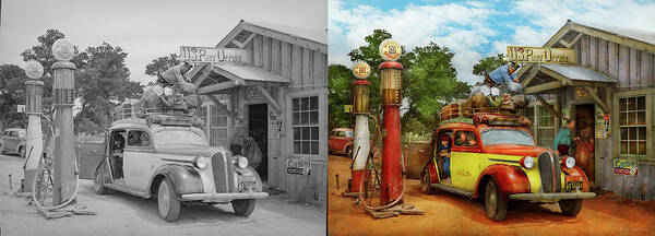 Gas Station Poster featuring the photograph Gas Station - Fresh delivery to Pie Town 1940 - Side by Side by Mike Savad