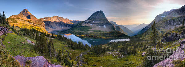 Hidden Lake Poster featuring the photograph Glacier Hidden Lake Sunset Panorama by Adam Jewell
