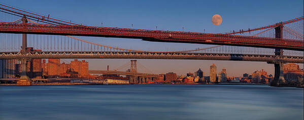 Nyc Skyline Poster featuring the photograph Super Moon Over NYC Bridges Pano by Susan Candelario