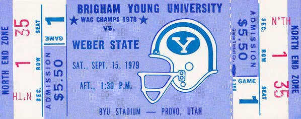 Byu Ticket Poster featuring the mixed media 1979 BYU vs. Weber State Football Ticket by Row One Brand