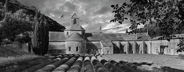Senanque Abbey Poster featuring the photograph Sacred Stone - Black and white photo of the Romanesque Senanque Abbey by Paul E Williams