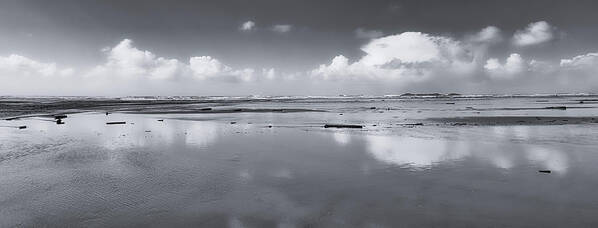 Black And White Photography Poster featuring the photograph Comber's Beach Reflection Panorama by Allan Van Gasbeck