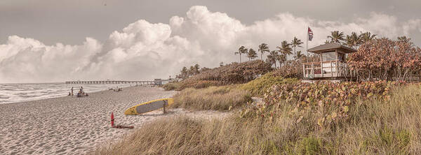 Clouds Poster featuring the photograph Lifeguard Stand in the Beachhouse Dunes Panorama by Debra and Dave Vanderlaan