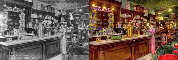 Pharmacist Poster featuring the photograph Pharmacy - The Fountain of Health 1890 - Side by Side by Mike Savad