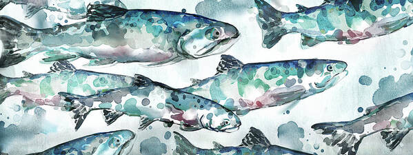 Salmon Poster featuring the painting Salmon Party by Mauro DeVereaux