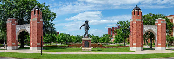 Sower Statue Poster featuring the photograph Sower Statue on the campus of the University of Oklahoma panoramic view by Eldon McGraw