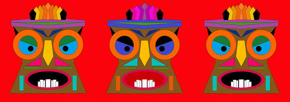 Three Tiki Faces On Red Poster featuring the digital art Three Tiki Faces on Red by Val Arie
