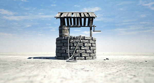 Well Poster featuring the digital art Wishing Well With Wooden Bucket On A Barren Landscape #1 by Allan Swart