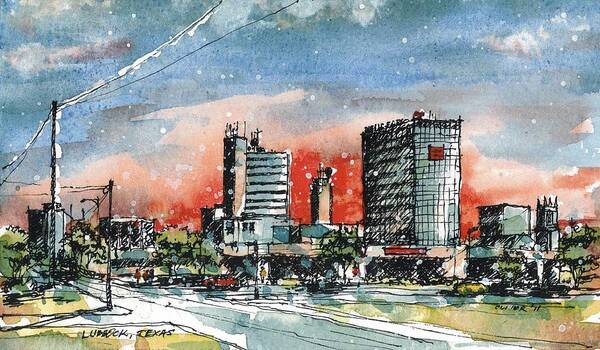 Watercolor Poster featuring the painting Lubbock Texas Skyline #3 by Tim Oliver