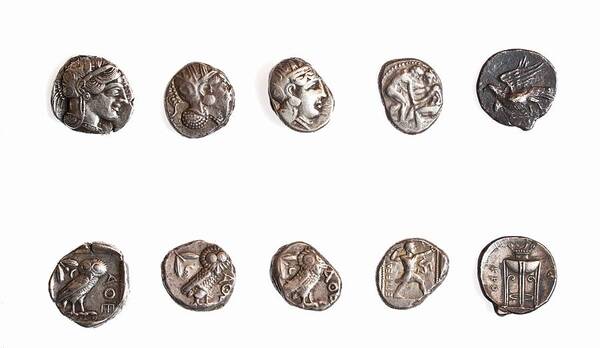 4th Poster featuring the photograph Ancient Greek coins 3rd -4th century BCE by Science Photo Library
