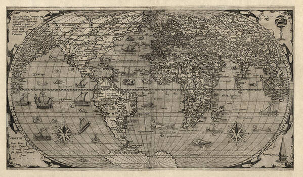 World Poster featuring the drawing Antique Map of the World by Paolo Forlani - 1560 by Blue Monocle