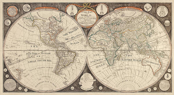 Map Poster featuring the drawing Antique Map of the World by Thomas Kitchen - 1799 by Blue Monocle