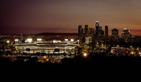 Dodger Stadium Poster featuring the photograph Dodger Stadium at Dusk by Linda Posnick
