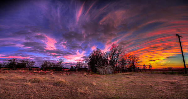Farm Poster featuring the photograph FM Sunset Pano in Needville Texas by Micah Goff