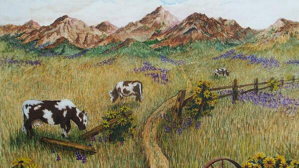 Print Poster featuring the painting Grazing Cows by Katherine Young-Beck