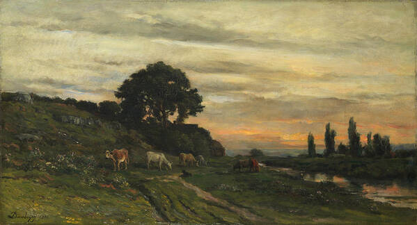 Charles-francois Daubigny Poster featuring the painting Landscape with Cattle by a Stream by Charles-Francois Daubigny