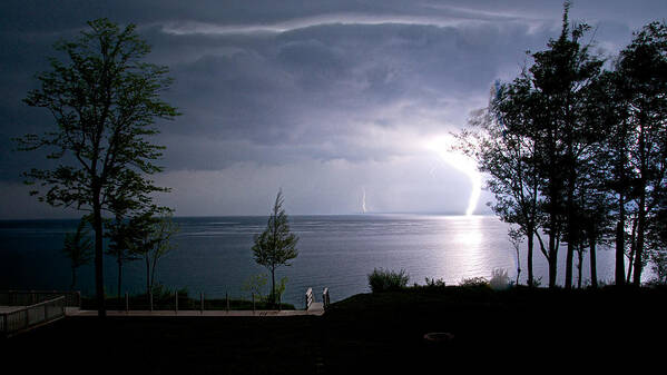 Landscapes Poster featuring the photograph Lightning on Lake Michigan at Night by Mary Lee Dereske