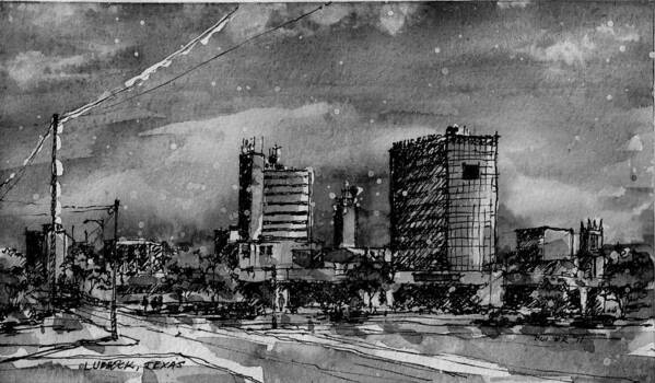  Poster featuring the painting Lubbock Texas Skyline BW by Tim Oliver